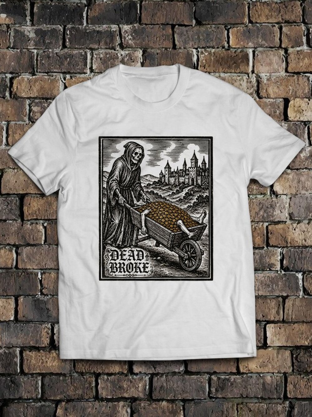 Handmade Funny Medieval Gothic Dead Broke Death Tee